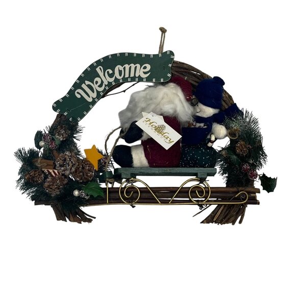Holiday Elegance Santa Snowman Welcome Wreath Sleigh Design New - Picture 1 of 9